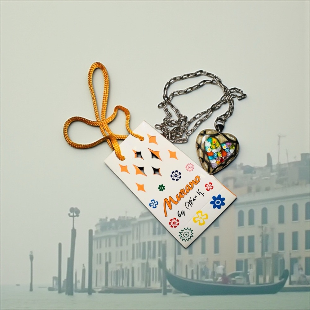 Murano AUTH Mosaic Heart Millefiori PENDANT Mother of Pearl .925 Silver Alan K. - Picture 11 of 13